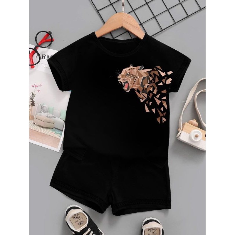 SETELAN ANAK MACAN ABSTRAK SABLON DTF DIGITAL ONE SET BAJU CELANA ANAK