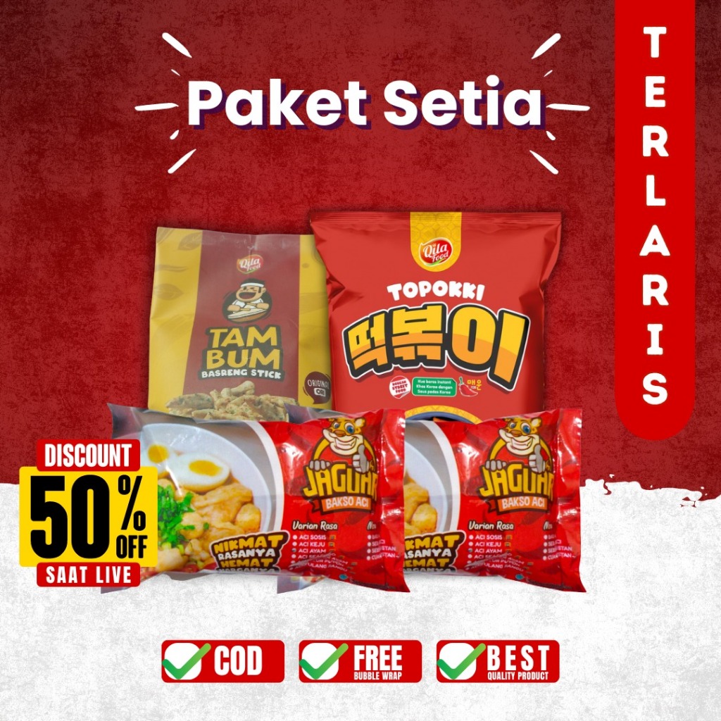 

PAKET SETIA (BASO ACI BAKSO ACI, TULANG RANGU, BASRENG PEDAS DAUN JERUK, TOPPOKI, SEBLAK INSTAN)