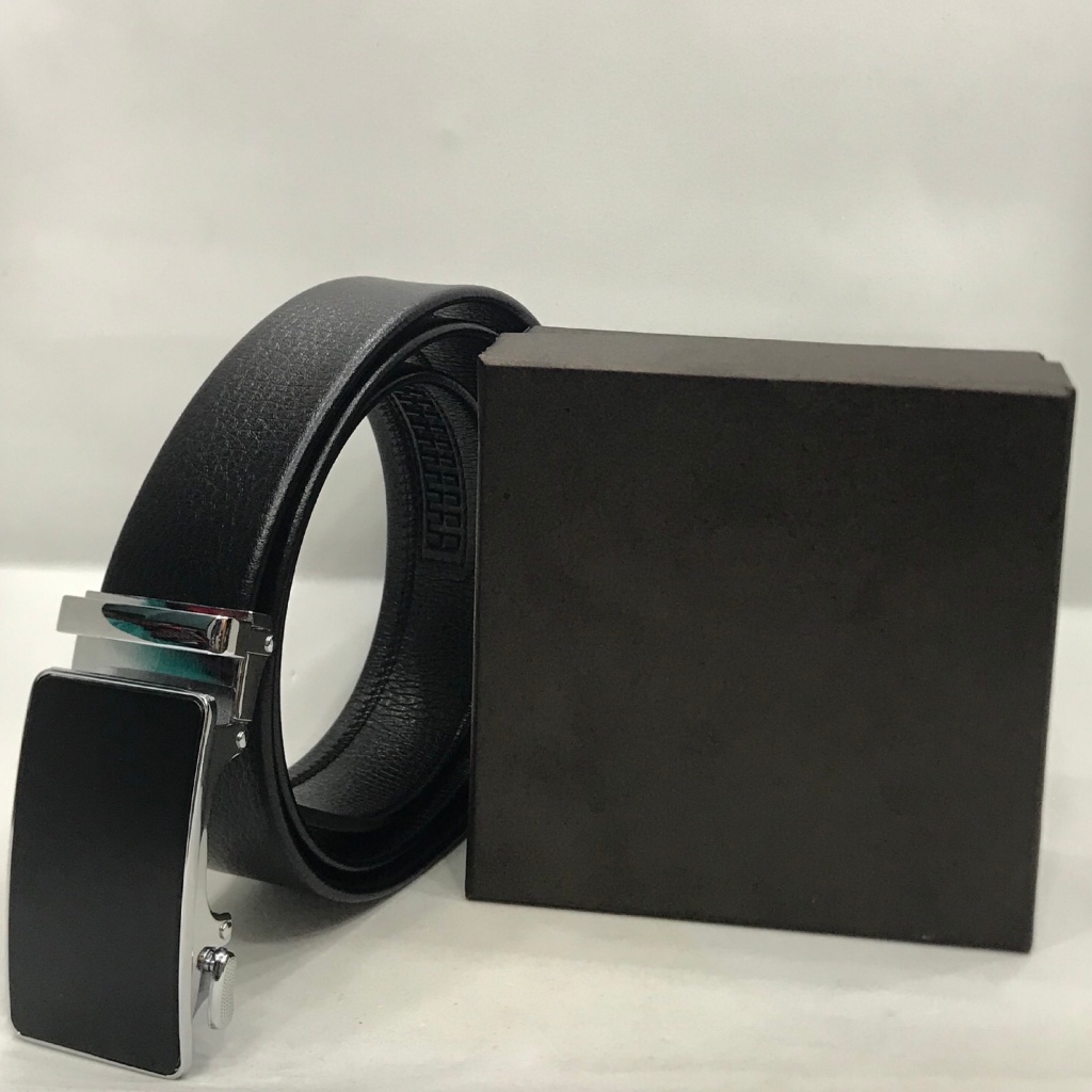 IKAT PINGGANG GESPER KULIT PRIA DENGAN  BELT BESI PREMIUM MEWAH WARNA HITAM SILVER