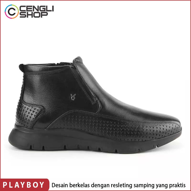 SEPATU BOOT PLAYBOY PRIA ORIGINAL BOOTS FORMAL KULIT ASLI ORI RESLETING SAMPING HITAM BLACK PL32