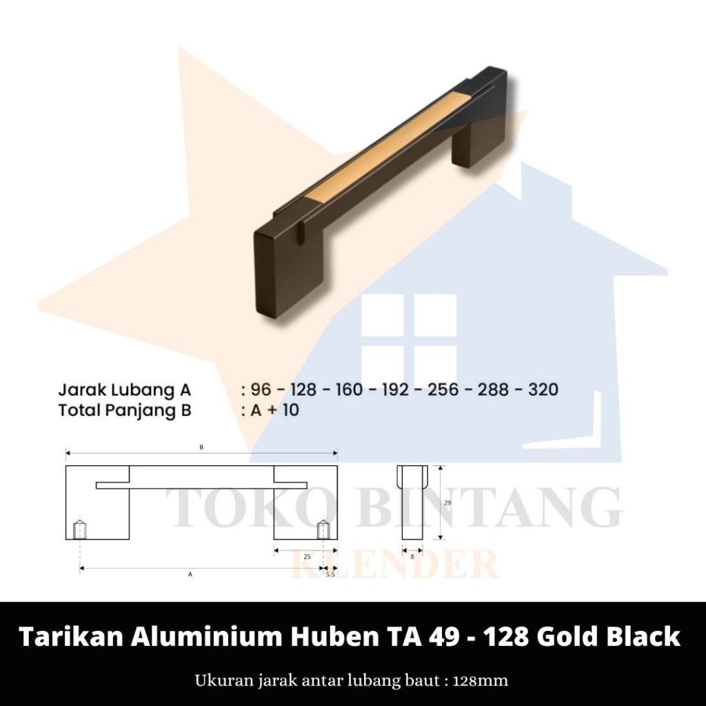 Huben Handle Tarikan Laci Pintu Lemari TA 49 - 128 Gold Black