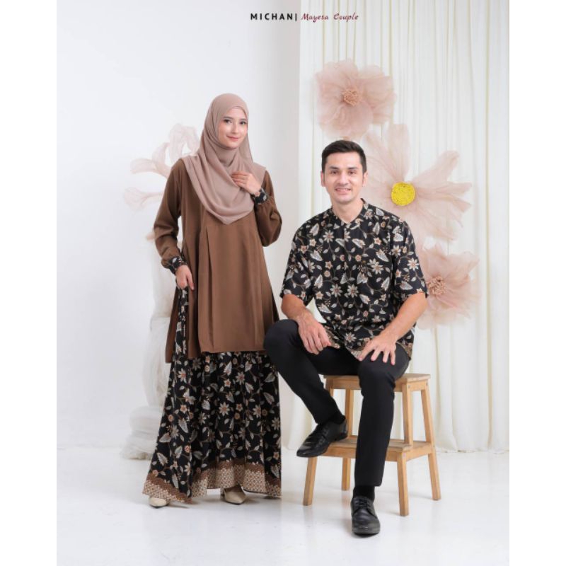 SARIMBIT COUPLE MAYESA BATIK MOCCA BLACK MICHAN GAMIS KEMEJA DEWASA