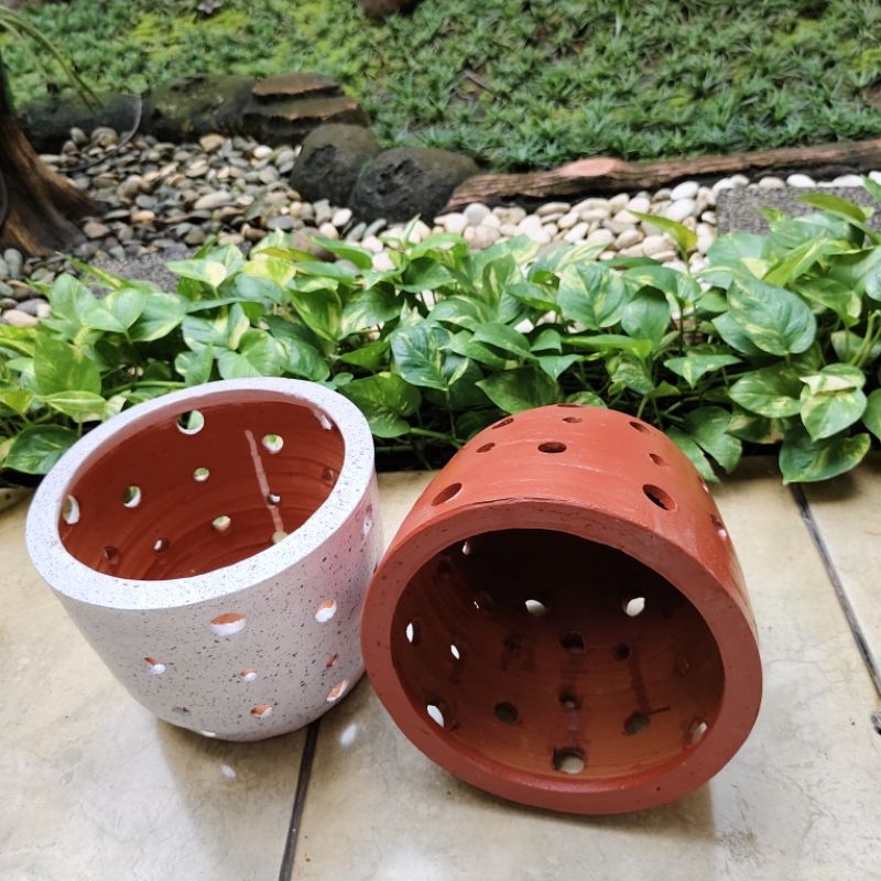 Pot Anggrek Tanah Liat | Pot Tanah Liat  Motif Polkadot  D22| Pot Tanaman Hias Tanah Liat