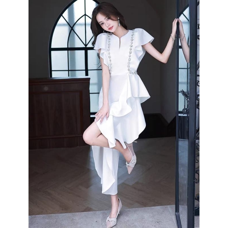 dress sleeve ruffle polos simple dress sister photoshoot europe paris gaun pesta wedding party event