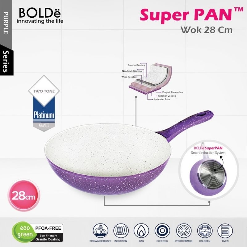 BOLDe Super Pan Wok 28 cm / Panci Wajan Wok 28cm Granite Coating - Purple / Ungu BATAM
