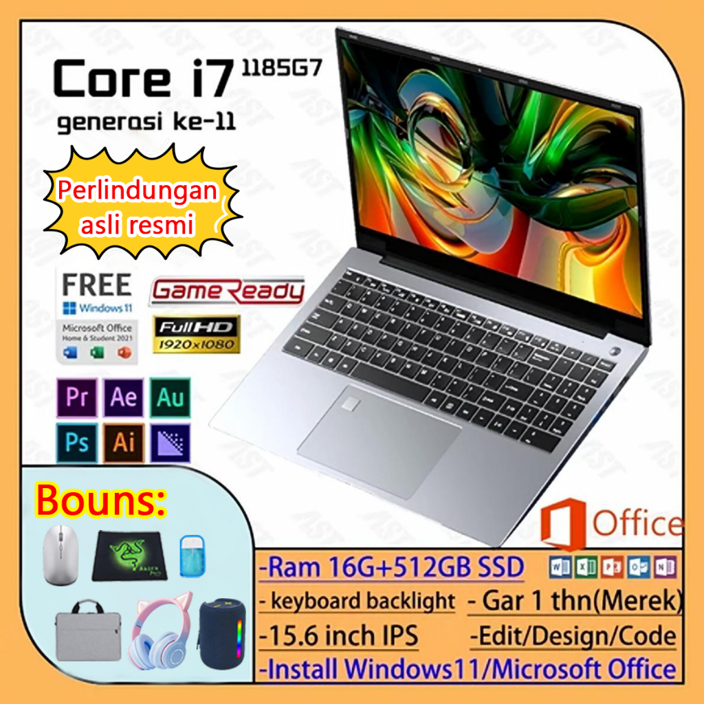 Laptop 15.6 inch baru Core i7-1185G Ram 16G+512GB SSD Win11+Offce+Bouns+Kunci sidik jari