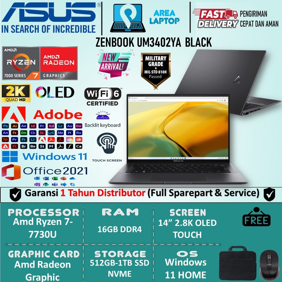 Asus Zenbook UM3402YA Amd Ryzen 7 7730U 16GB 1TB SSD 14" 2.8K OLED TOUCHSREN NUMPAD Win11