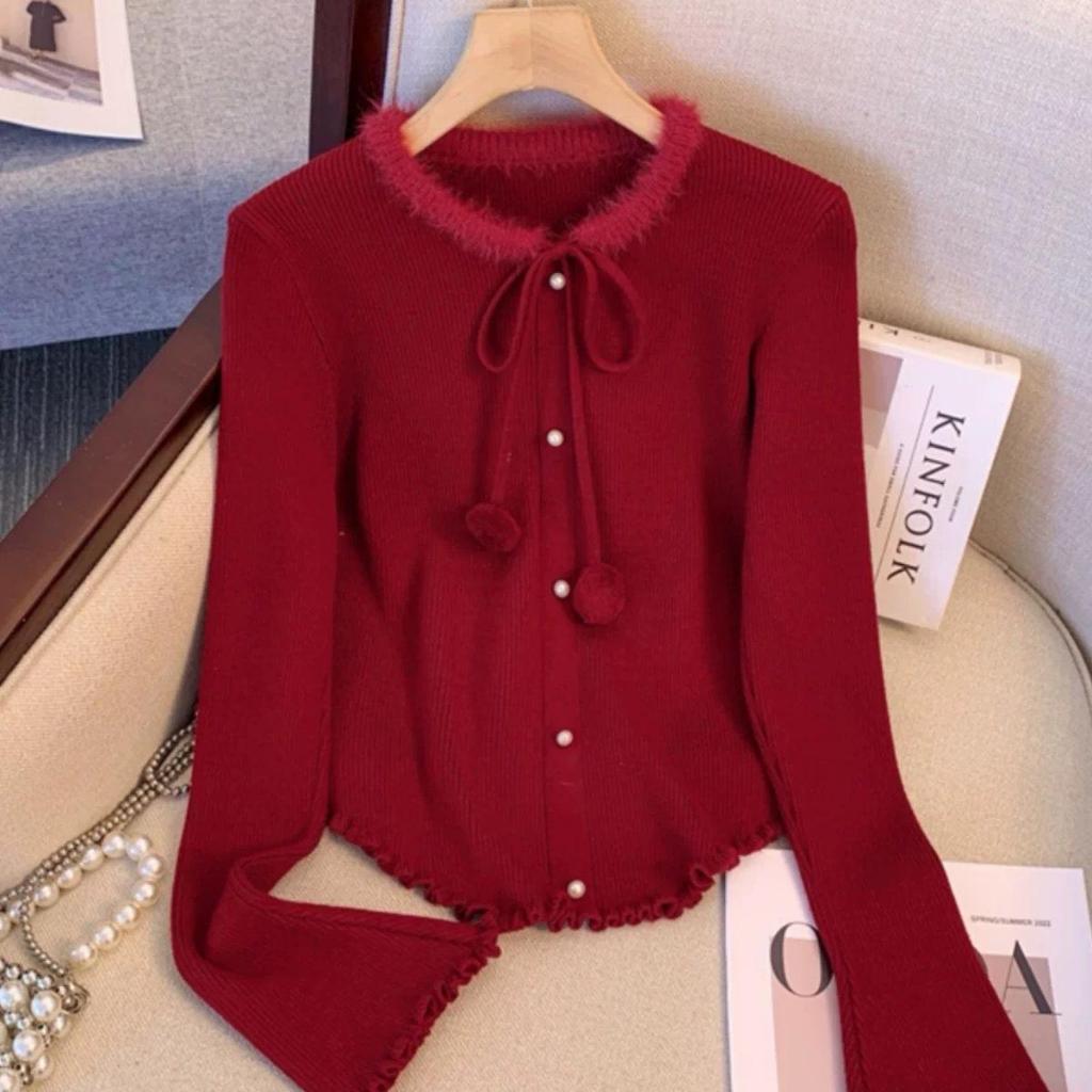 Atasan Rajut Wanita Fur Pearl Baju Cewek Lengan Panjang Knitwear Casual Dewasa Y1827
