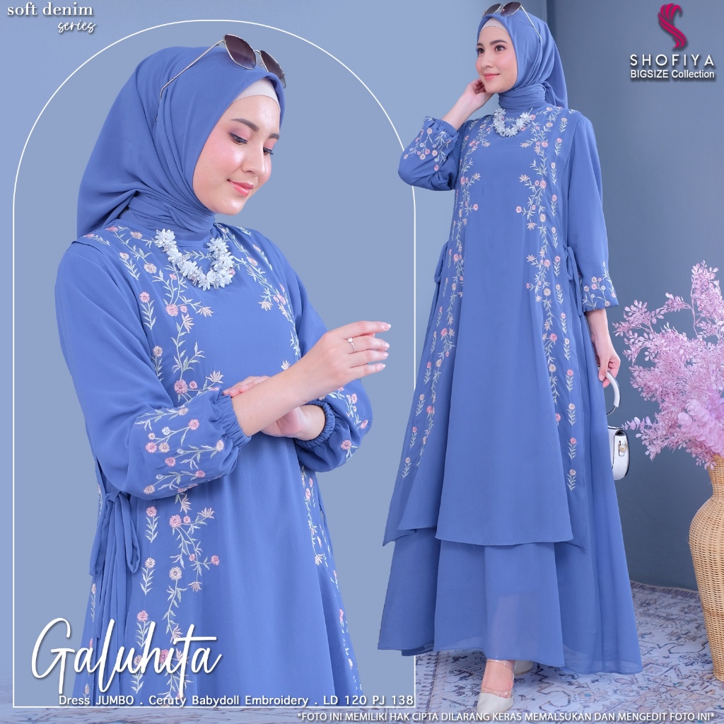 Galuhita baju dress gamis syari wanita muslim jumbo ld 120 ceruty bordir polos mewah elegan terbaru