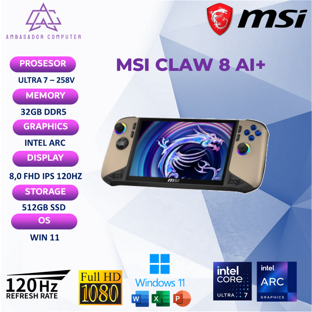 MSI Claw 8 AI+ Ultra 7 258V 32GB 512GB Windows 11 + Office 120HZ IPS