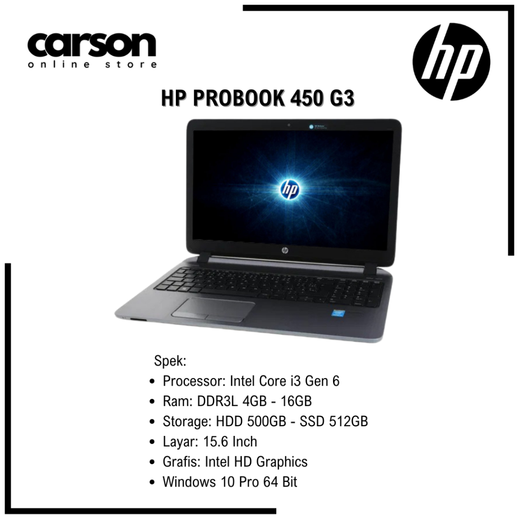 Laptop HP Probook 450 G3 Core i3 Gen 6 Second Mulus Bergaransi