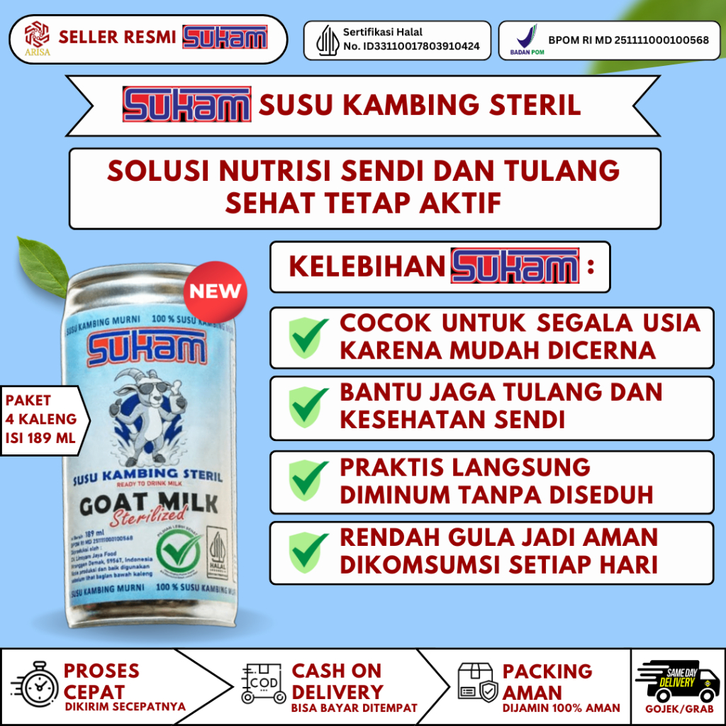 

Sukam - Susu Kambing Steril 100% Langsung Minum - Paket 4 Kaleng Sukam