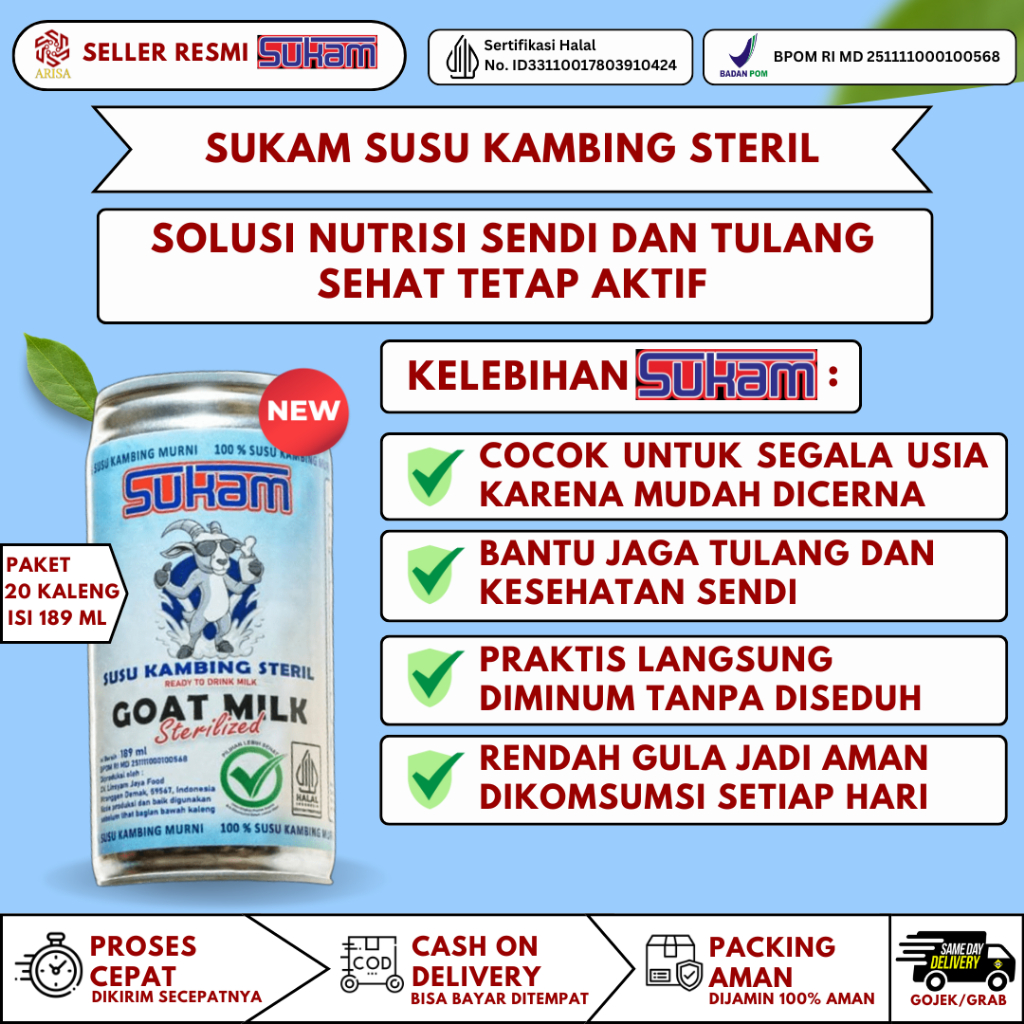 

Sukam - Susu Kambing Steril 100% Langsung Minum - Paket 20 Kaleng Sukam