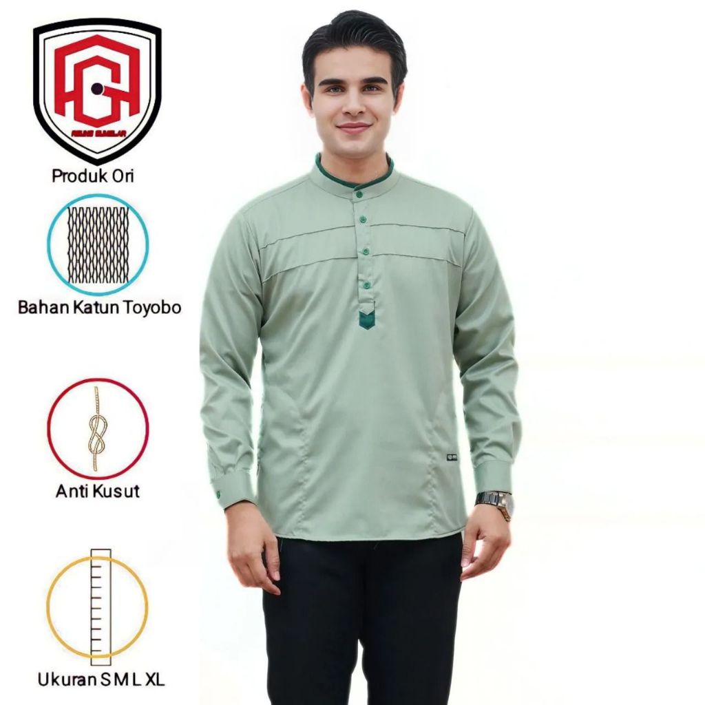 Baju Koko Pria Abha Lengan Panjang Motif Jagat Warna Sage