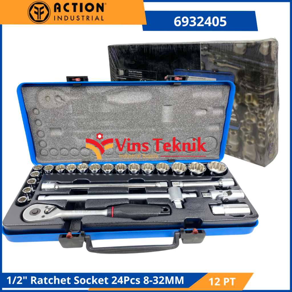 Kunci Socket 24Pcs 1/2" Set Kunci Sok Shock 8-32MM Reversible Ratchet Set ACTION 6932405