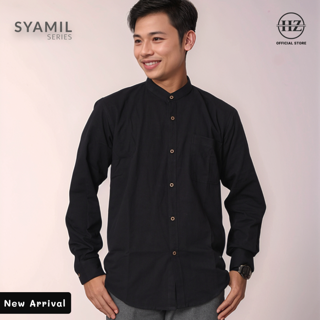 Hanzain Syamil Series - Kemeja Koko Pria Lengan Panjang Warna Hitam - Katun Premium
