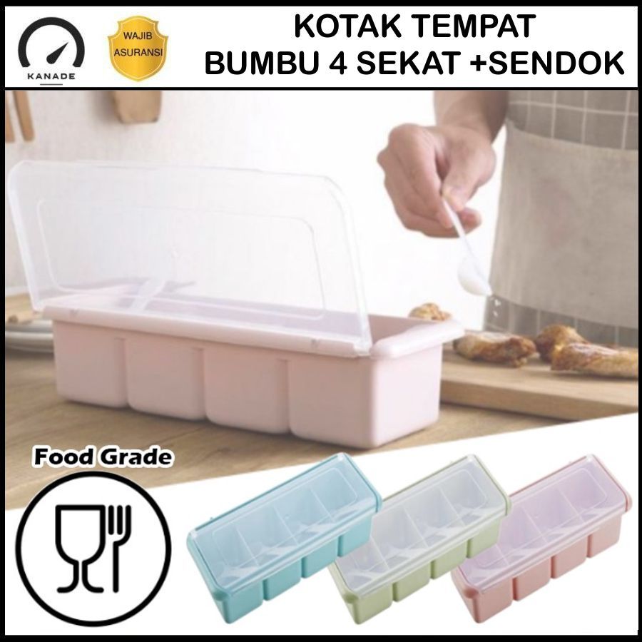 Tempat Bumbu Dapur Panjang 4 Sekat FREE Sendok Kotak Wadah Penyimpanan Gula Garam Micin Lada Seasoni