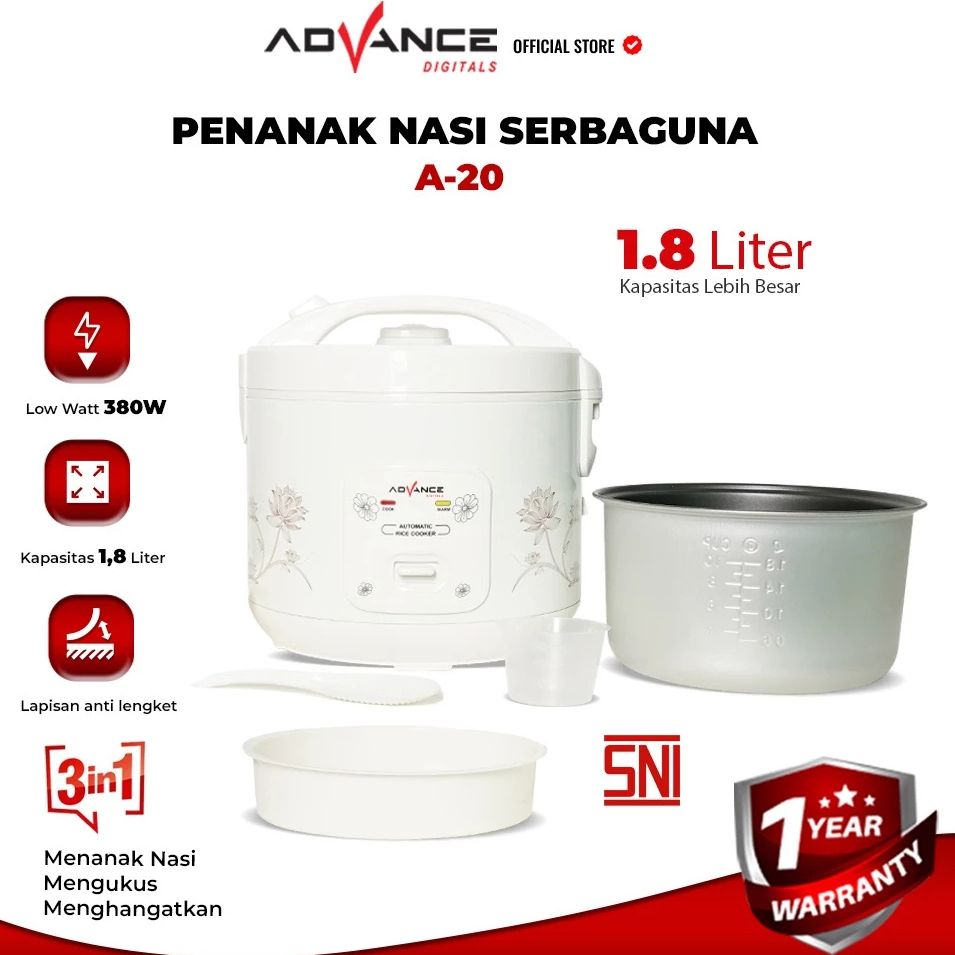 Advance A20 Rice Cooker / Magic Com 1.8 Liter 3 in 1 Bonus Gelas Ukur dan Sendok Nasi