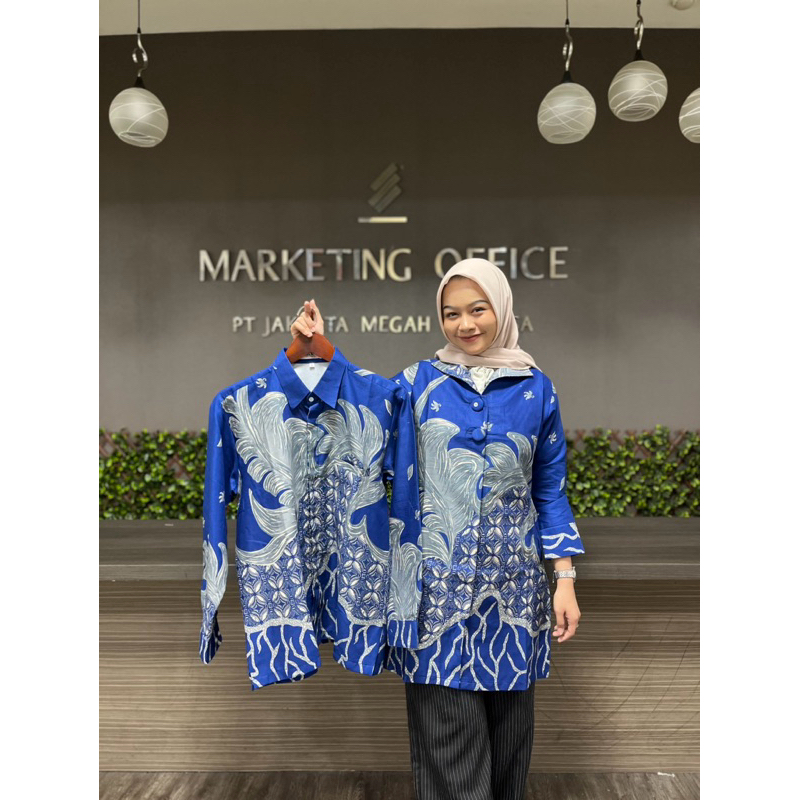 baju batik tunik wanita couple bahan katun solo premium full lapisan trycod warna biru motif bunga r