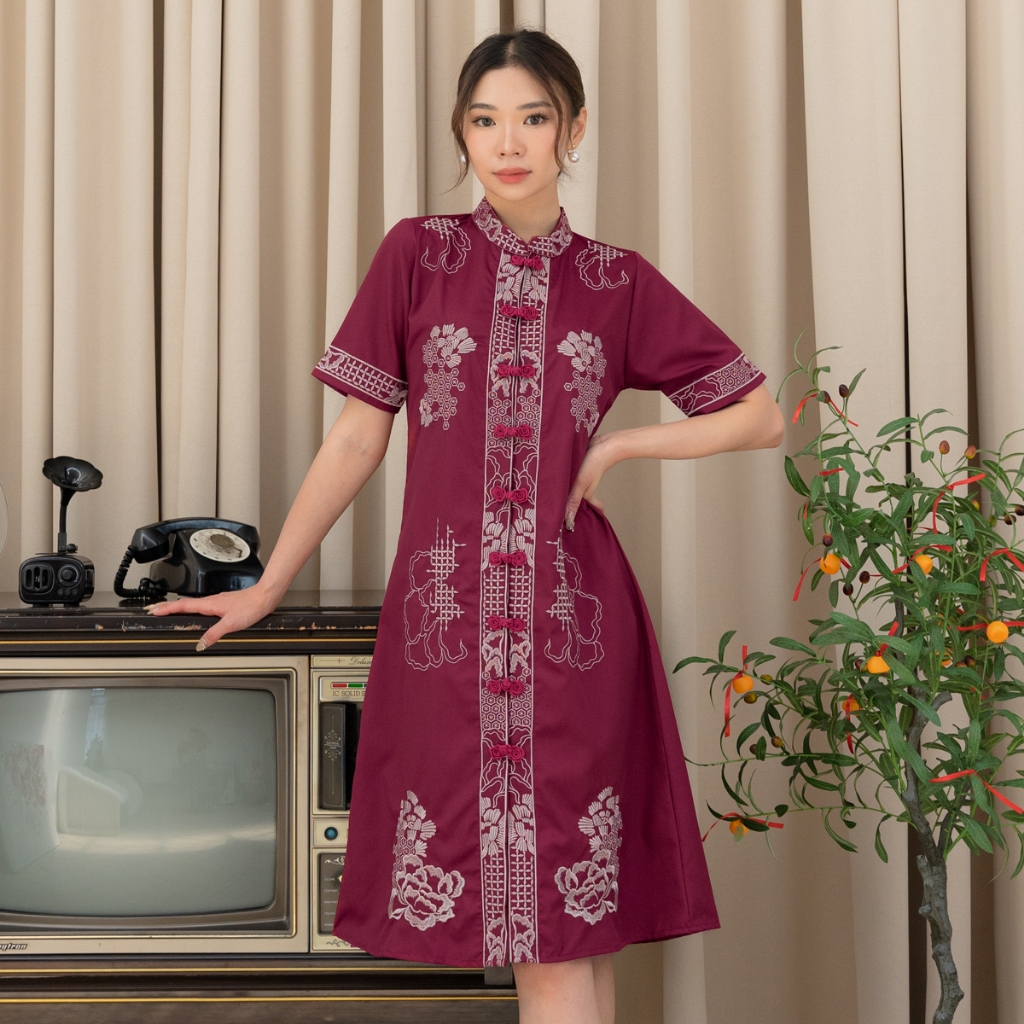 Foxquinn MEIFEN CHEONGSAM Dress Wanita Cotton Bordir Model Cheongsam Lengan Pendek DRESS / Dress Wan