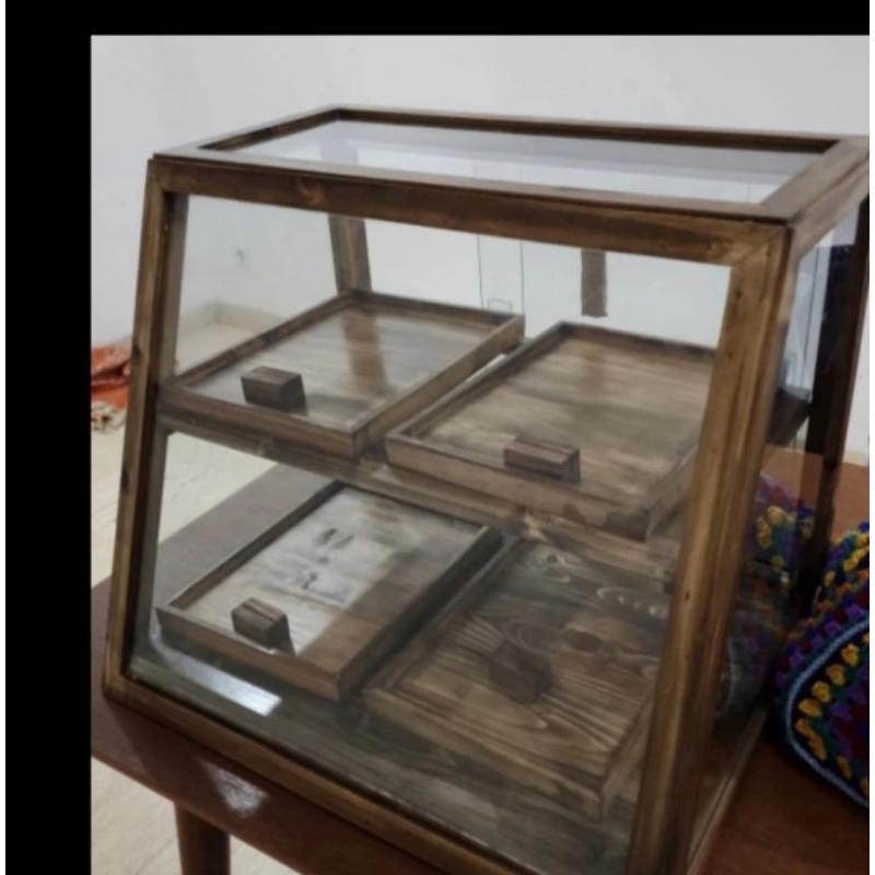etalase jualan warung food display kayu dan kaca+4nampan UK 60x45x50