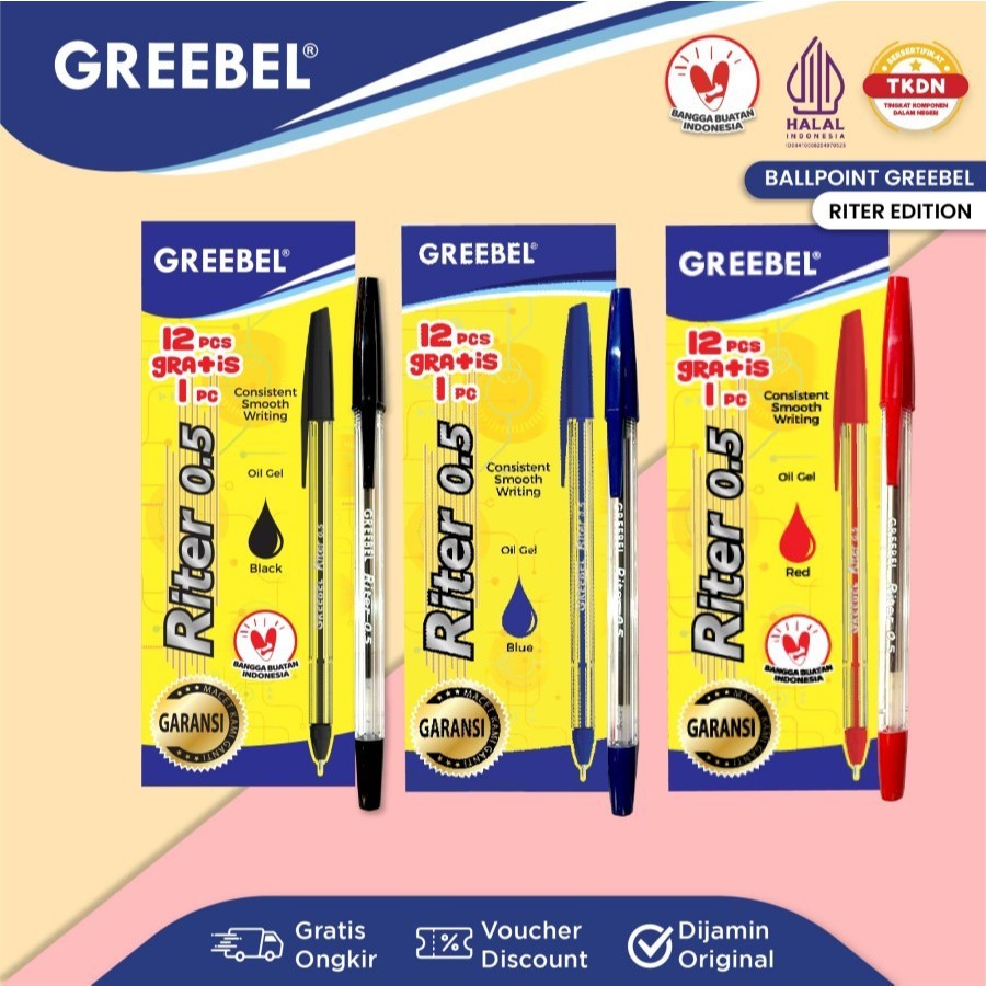 

Ballpen Pulpen Greebel Riter 0.5mm Hitam Biru Merah Ballpoin Pena [1 Pak Isi 12pcs]