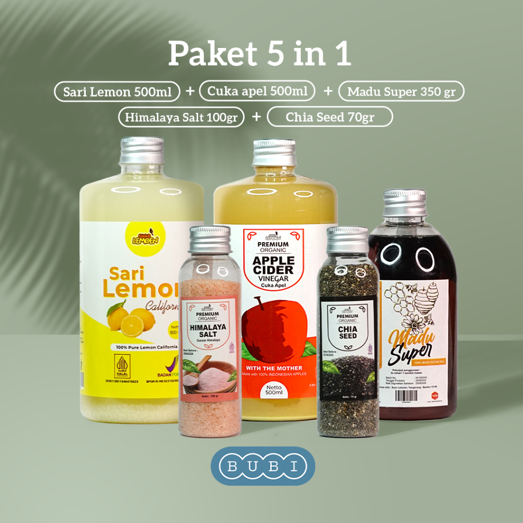 

Suur Lemoen Paket 5 Diet Cuka Apel Sari Lemon Chia Seed Madu Hutan Garam Himalaya