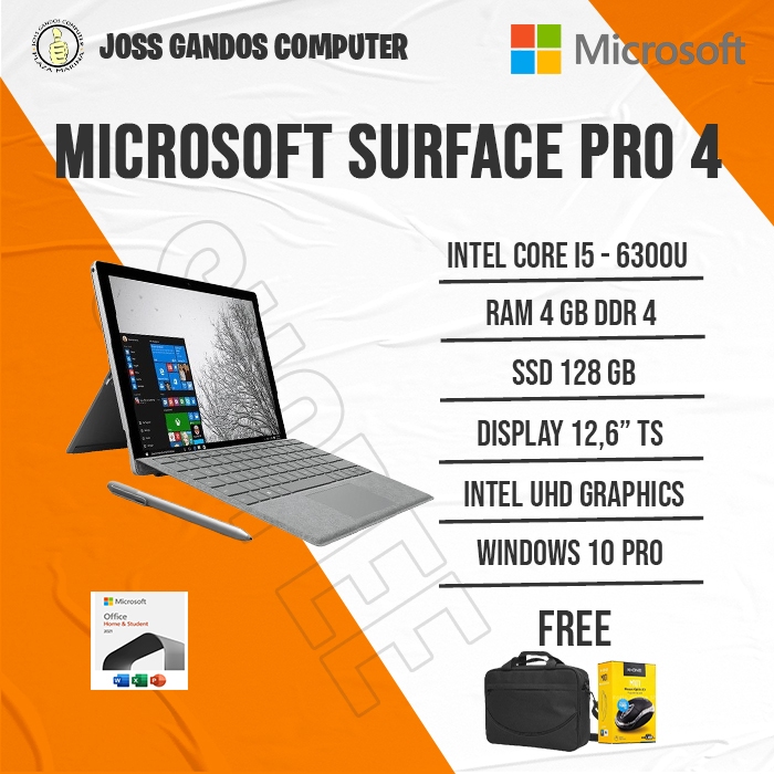 MICROSOFT SURFACE PRO 4/INTEL CORE I5-6300U/RAM 4 GB DDR 4/SSD 128 GB/WIN10 PRO/12,6"TS