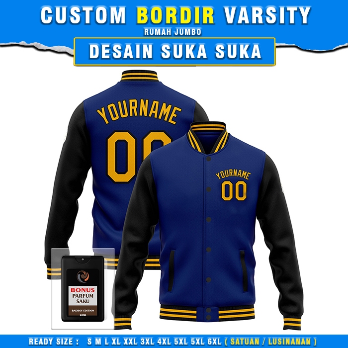 Jaket Baseball Custom Bordir Satuan Jaket Varsity Pria Oversize Hitam Biru Tua (M - 6XL)