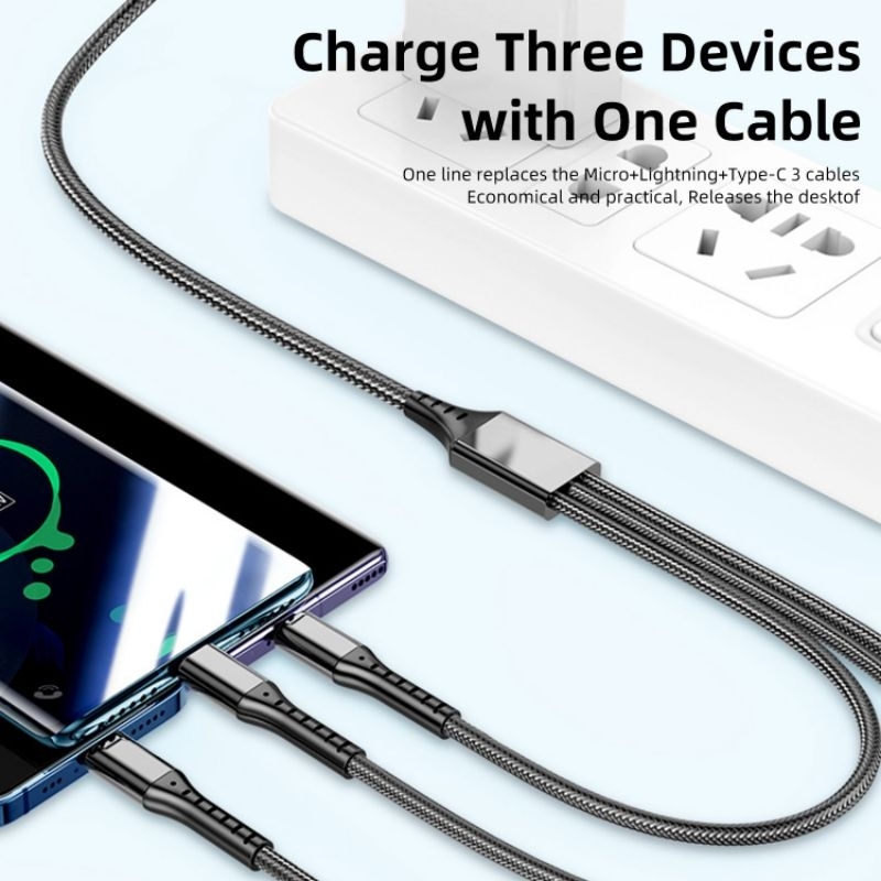 Kabel Data 3in1 Type C Mikro Lighting Fast Charging 66W 1.2M -  T66