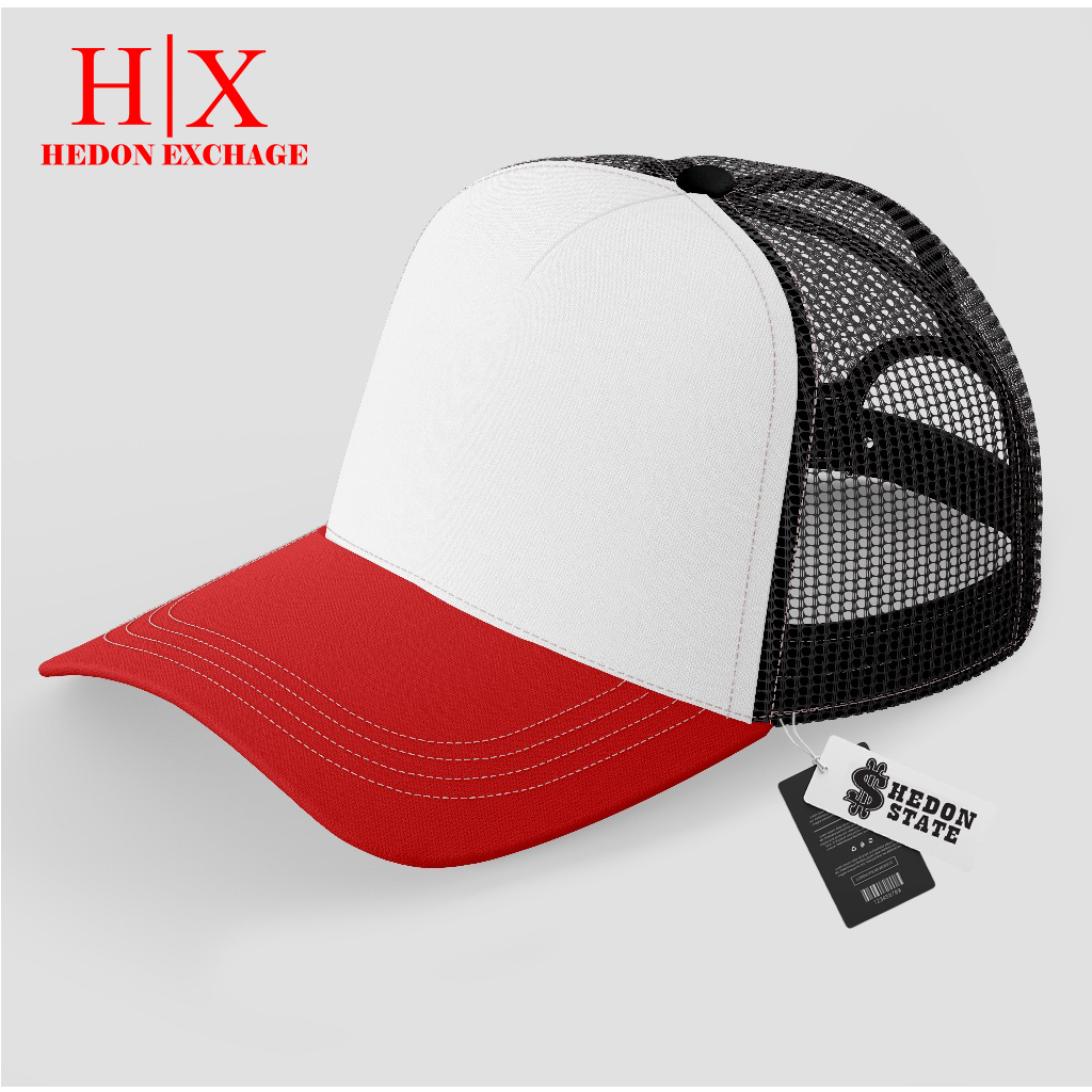 HEDON STATE Topi Trucker Jaring Polos Warna Merah Putih Hitam Casual Pria Wanita Unisex Kekinian