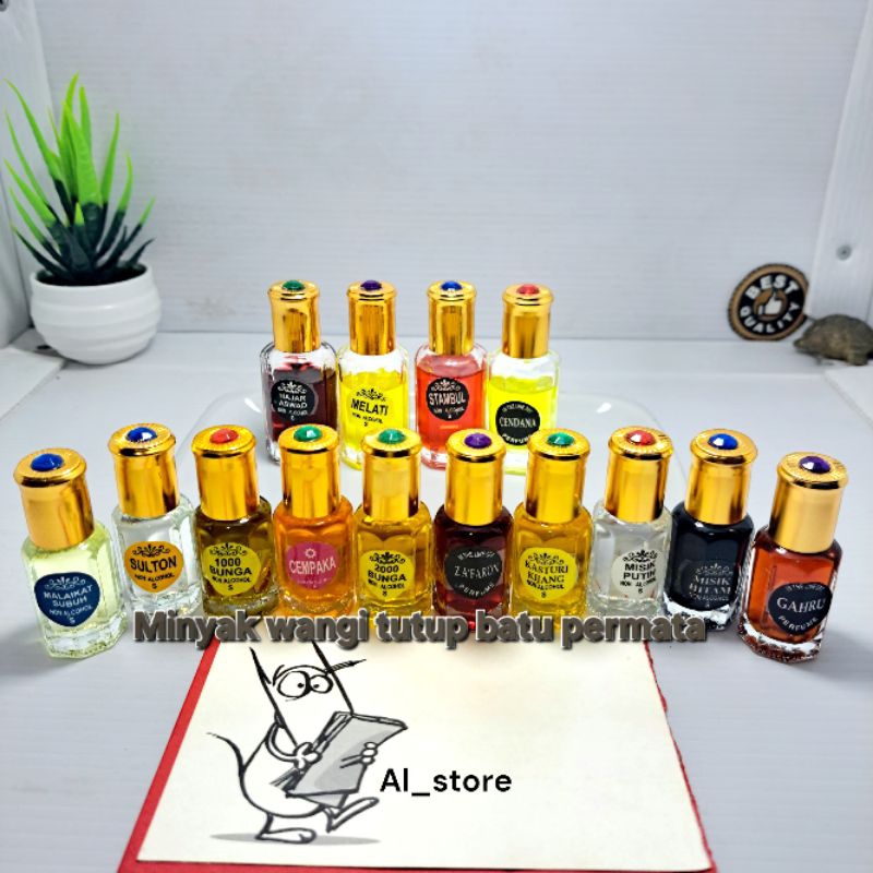 Minyak wangi permata 12 mli  super wangi, jafaron, cendana, melati dll/non alkohol