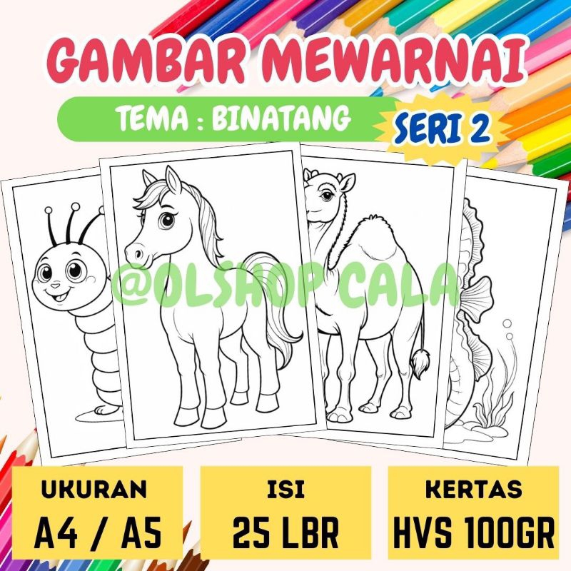 

Gambar Mewarnai *Tema Binatang 25 Lembar* untuk Anak TK SD PAUD Kertas HVS 100 gr (Bukan Buku Mewarnai) - _Seri 2_
