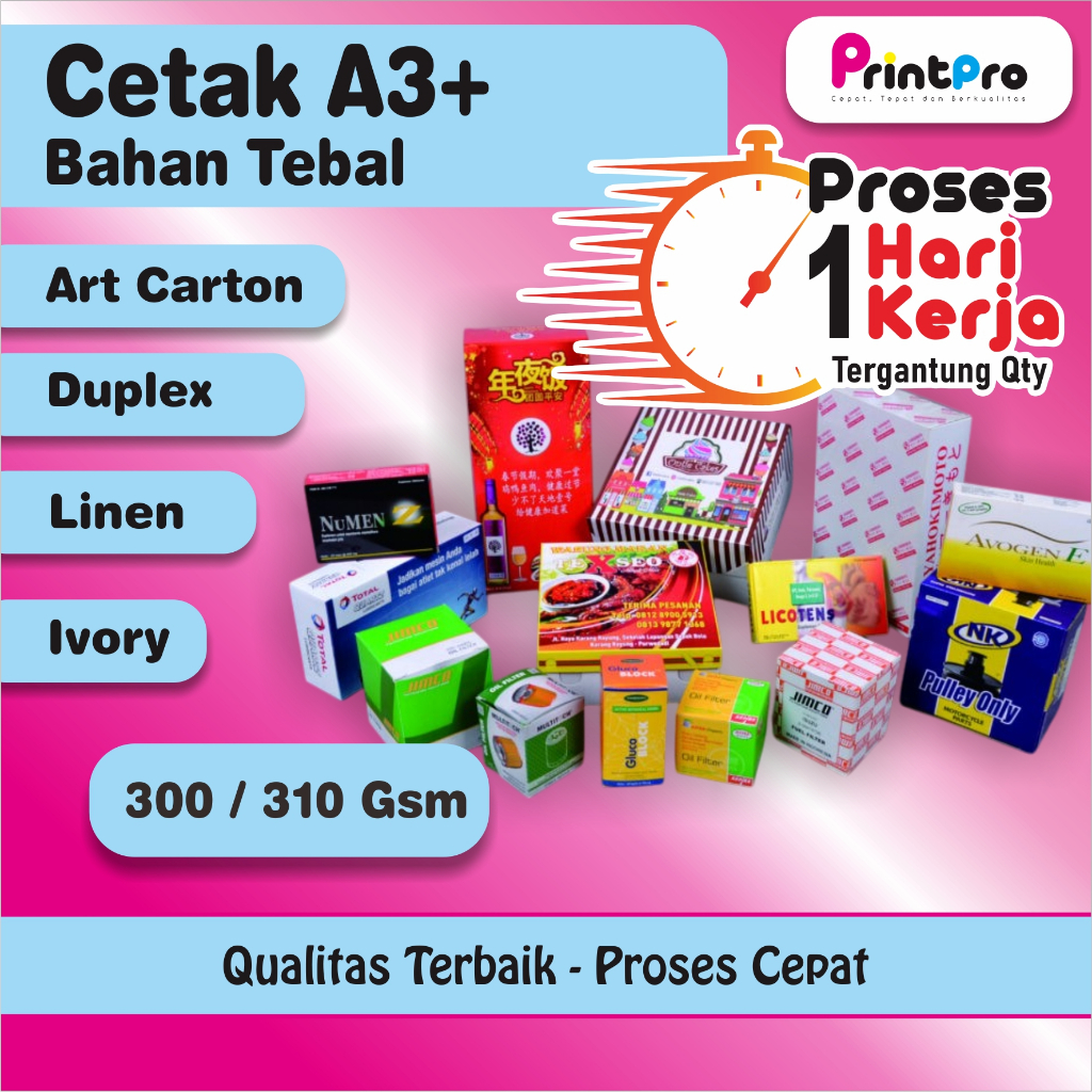 

Cetak A3+ Bahan Tebal 300g (Artcarton, Linen, Ivory, Duplex