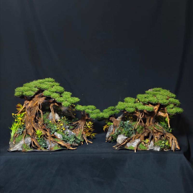 Hiasan aquarium hardscape aquascape bonsai rasamala dan batu tebing dengan tanaman sintetis