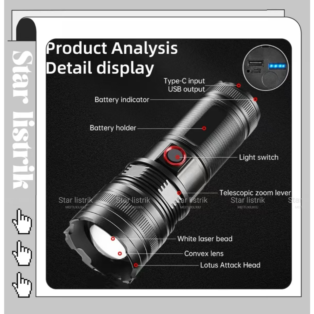 Senter LED Super Terang Jarak Jauh 2000 meter Zoomable Senter  Anti Air Senter LED  USB C Rechargeab