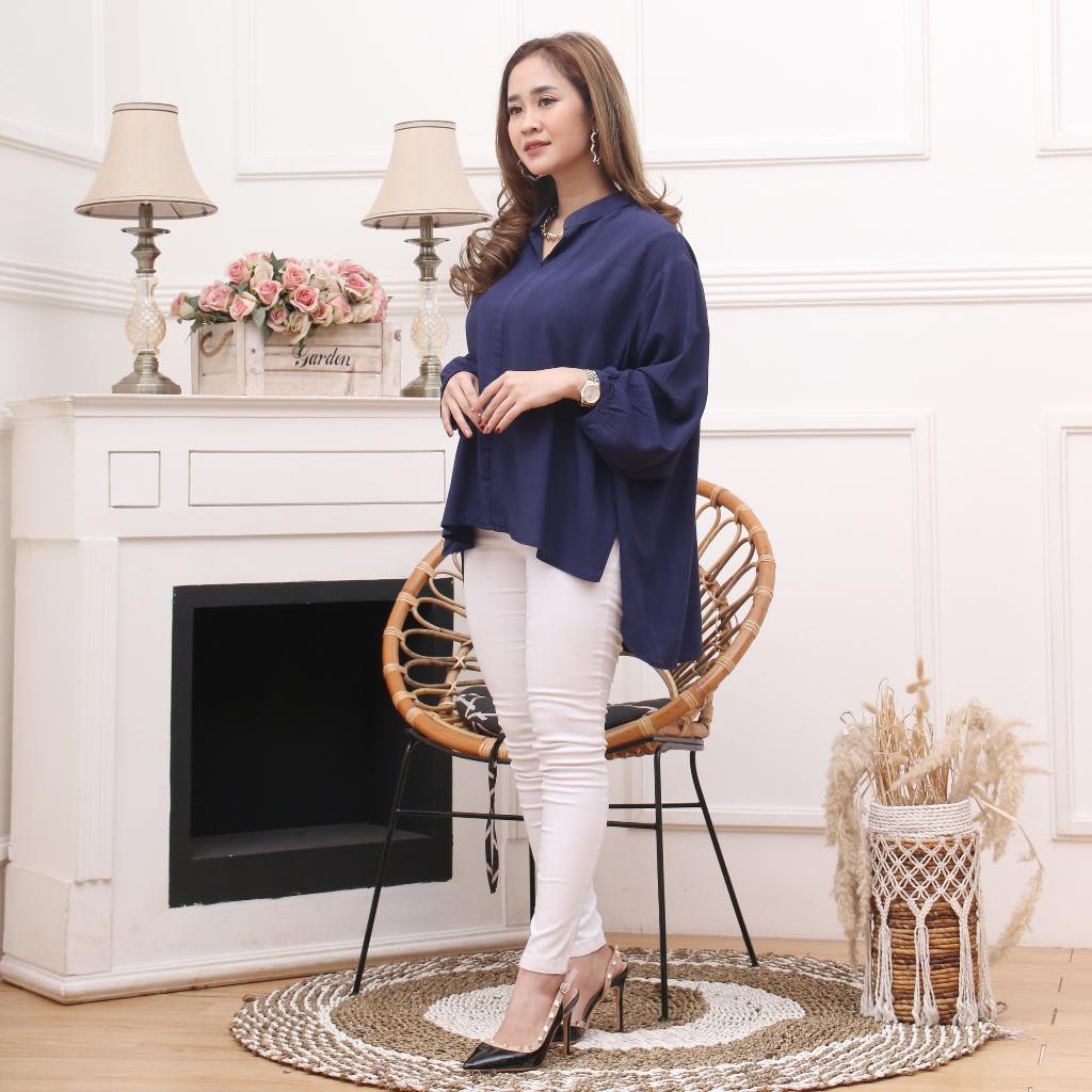 KEMEJA BLOUSE OVERSIZE RAYON CRINKLE - NAVY