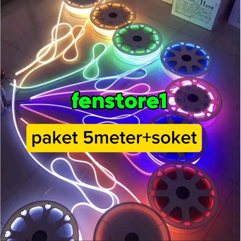 PAKET LAMPU NEON FLEKSIBEL 220v 5METER+SOKET LED SELAN FLEKSIBEL  220v WARNA NEON...