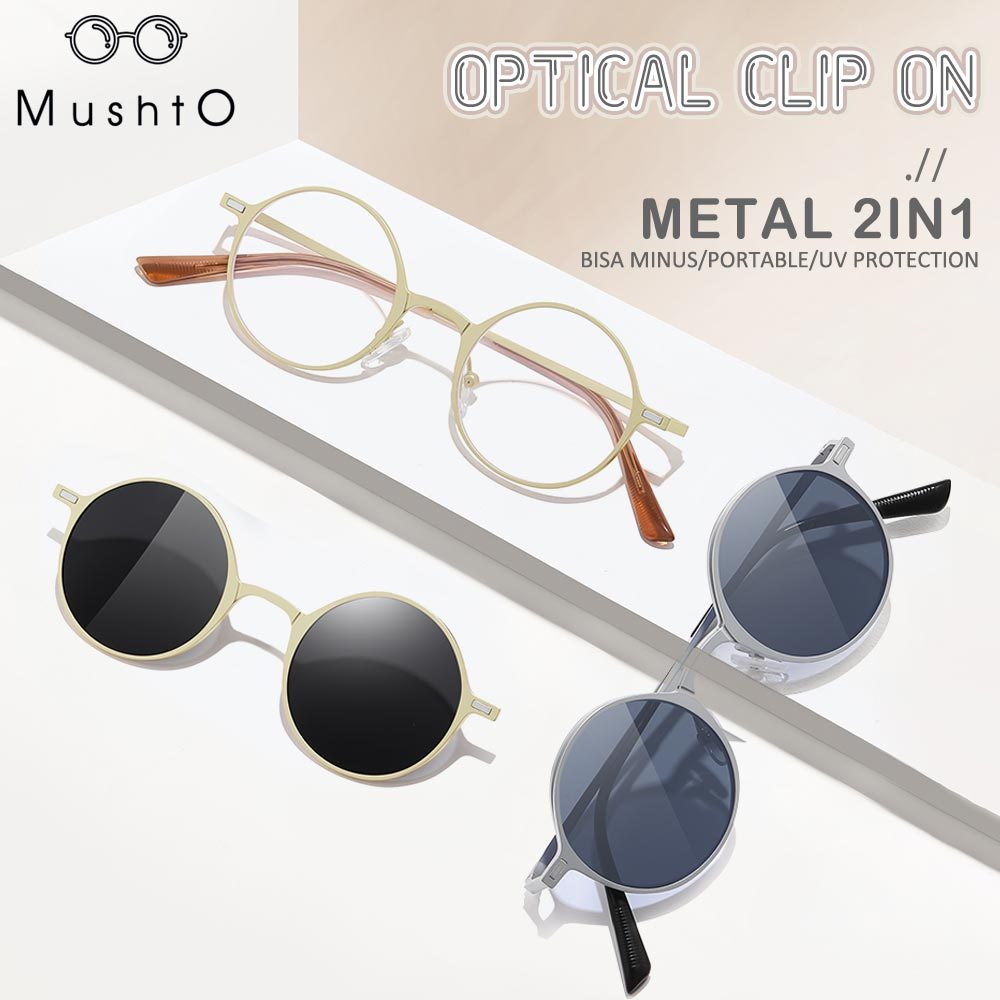 Mushto Kacamata 2in1 Clip On Polarized Model Bulat Classic Frame Full Metal Lensa Bisa Minus Fashion