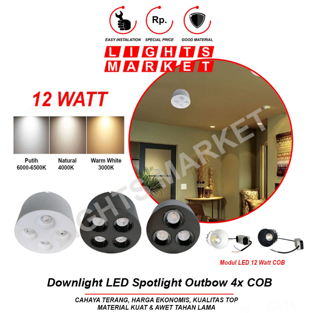 Downlight Outbow Spotlight LED COB 12W - Lampu Sorot Tempel Plafon 3 Mata atau 4 Mata Garansi 1 Tahu