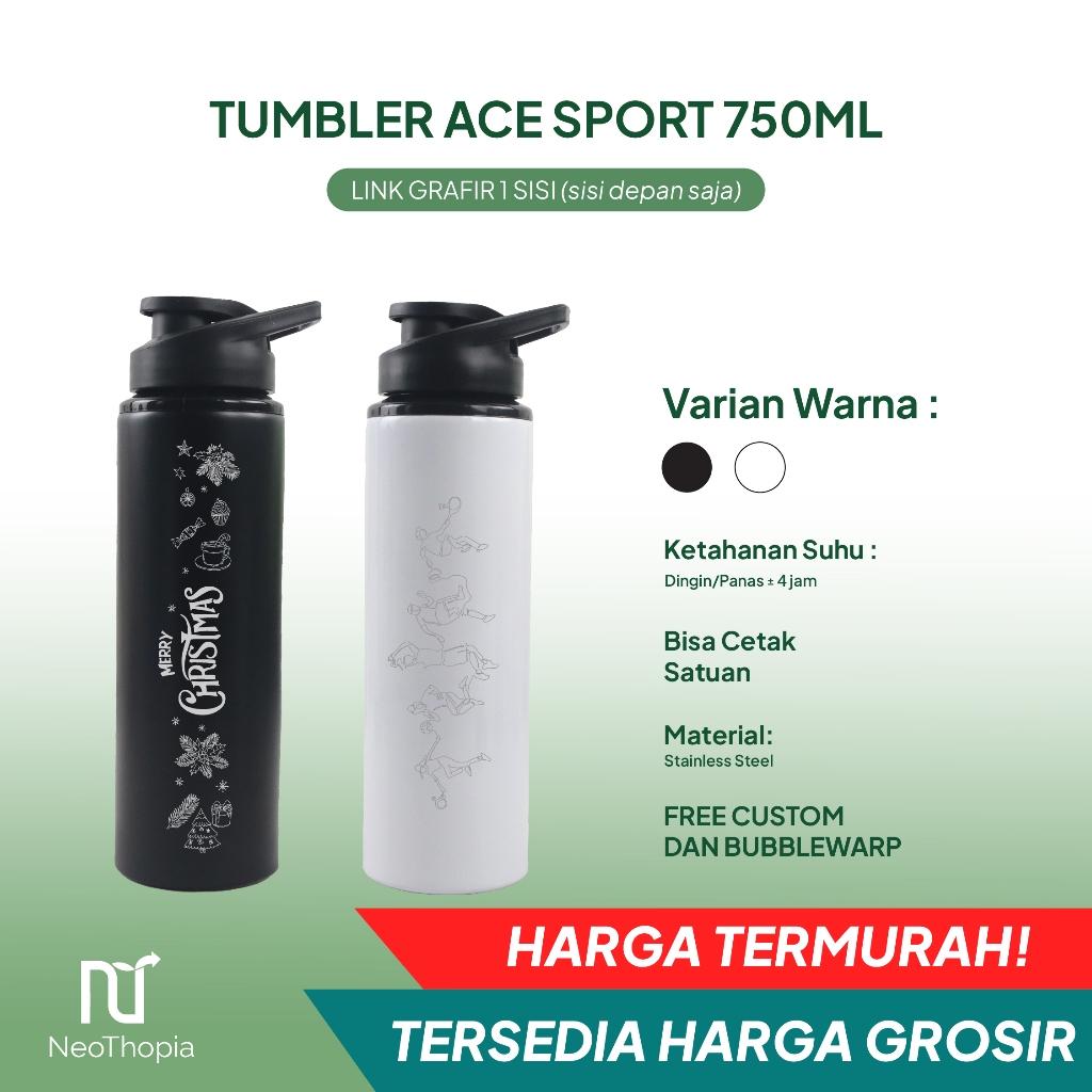 Tumbler Sport Ace 750ml Botol Minum Custom 1 Sisi Laser Grafir Custom Nama / Logo Souvenir