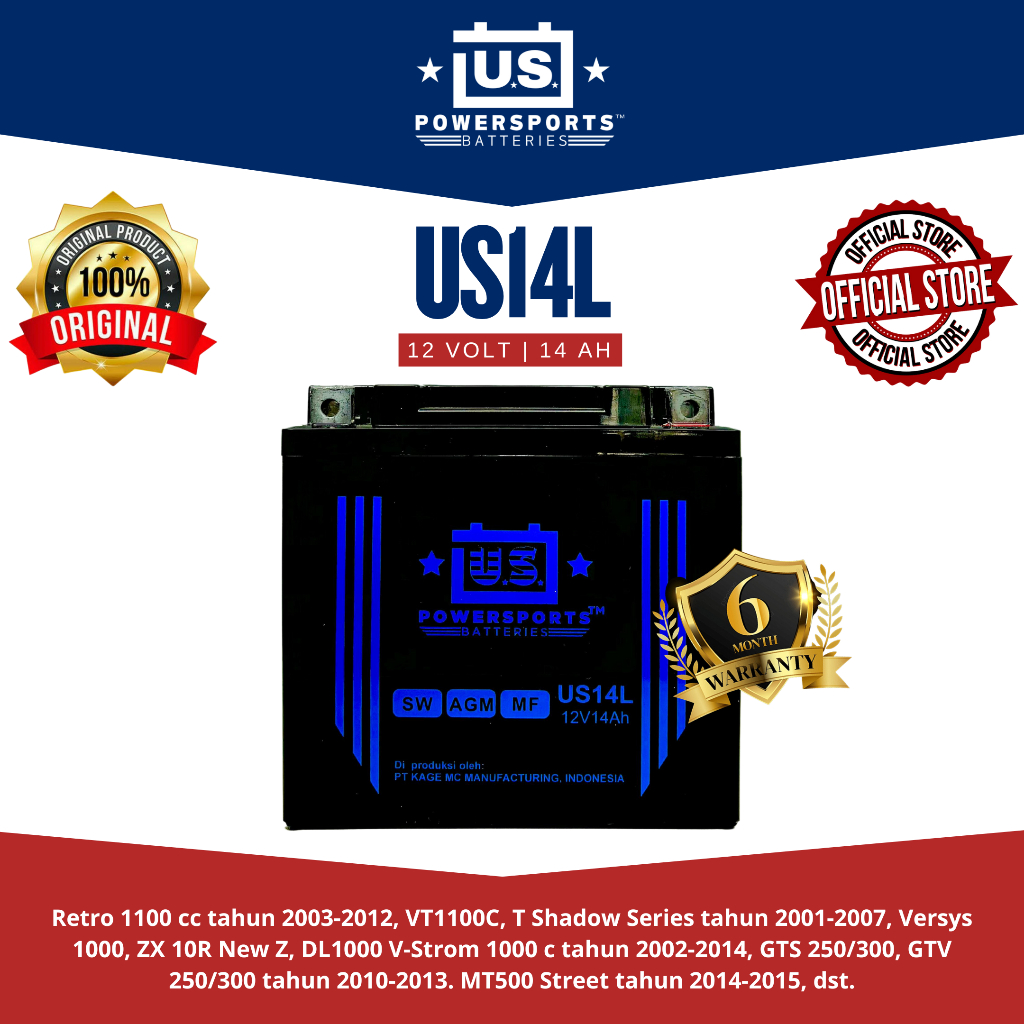 Aki Motor US PowerSports US14L - 14 Ah (Garansi 1 tahun)