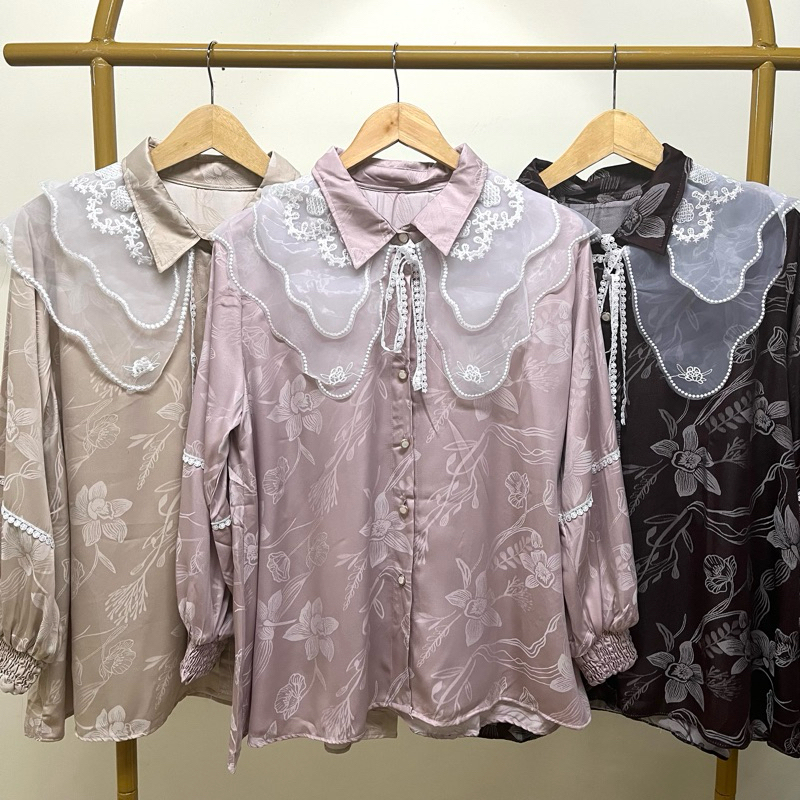 Atasan silky mix kerah organza bordir, atasan wanita kekinian