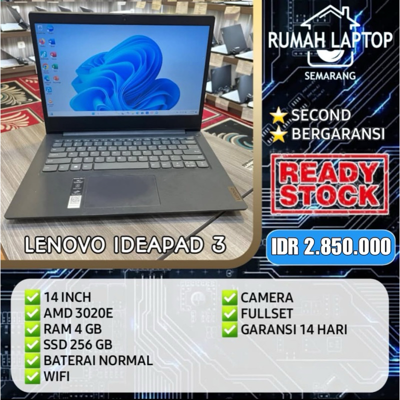 Laptop Lenovo Ideapad 3 (second). AMD 3020e. RAM 4 GB. SSD 256 GB. Fullset