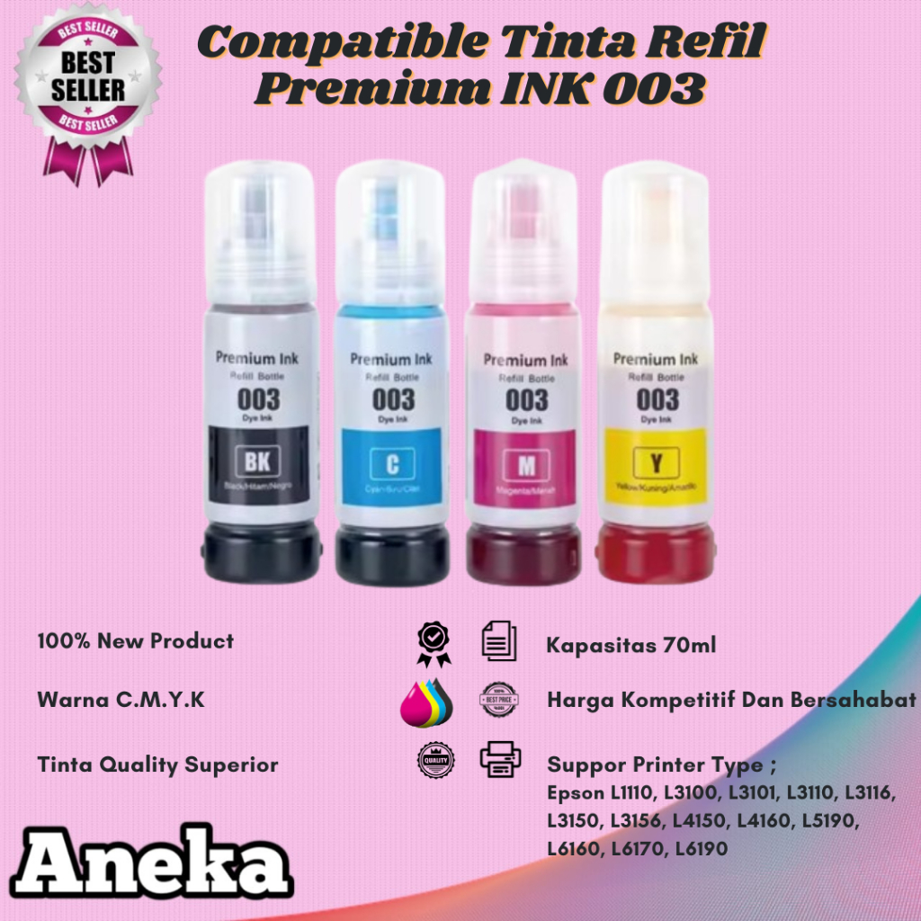 Tinta Refill Epson 003 Ink 1Paket Printer Epson L1110 L3210 L3110 L3210 L5190 L5290 - 1SET