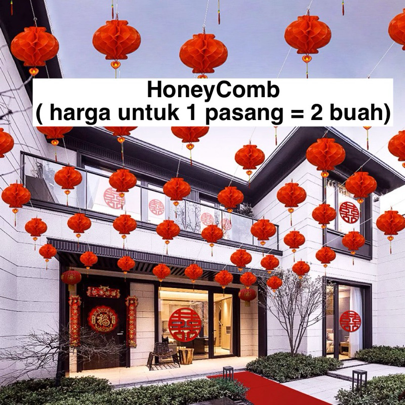 Lampion gantung plastik bulat honeycomb merah/Lampion honeycomb/dekorasi imlek