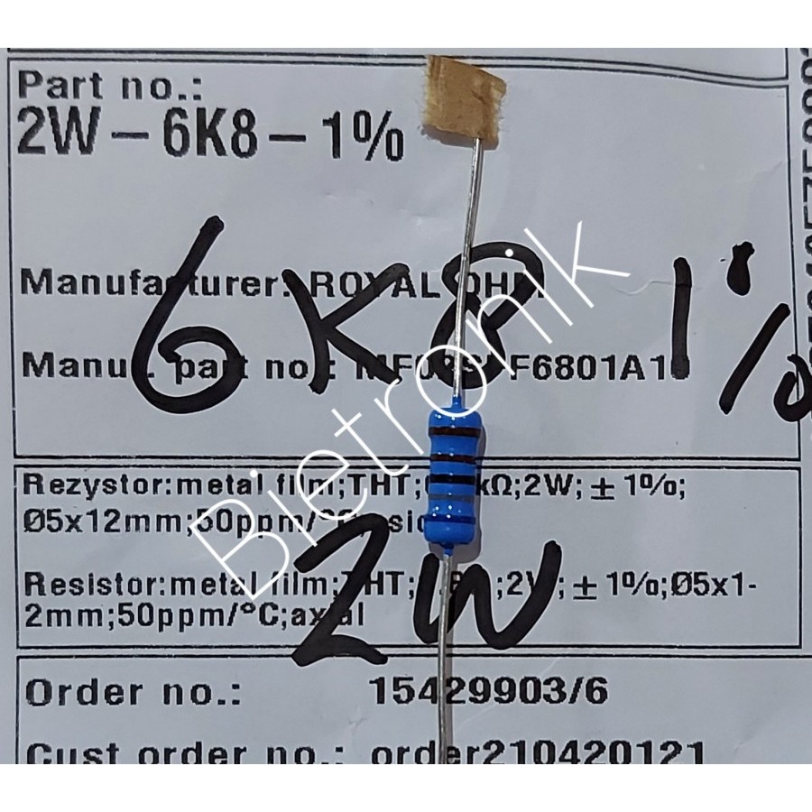 Resistor 6K8 6.8K 2W 1% Metal Film