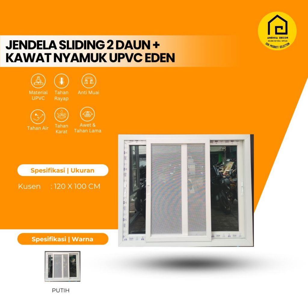 Jendela UPVC | Rumah Minimalis 120x100 Sliding Geser 2 Daun Eden + Kawat Nyamuk Anti Rayap