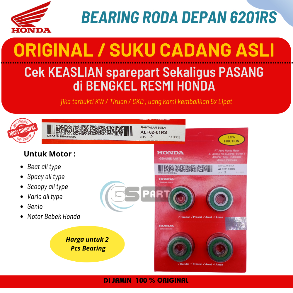 Bearing Laher Roda Depan 6201 RS Beat Fi Original Genio Beat Karbu, Esp Deluxe Vario 110 125 150 Ori