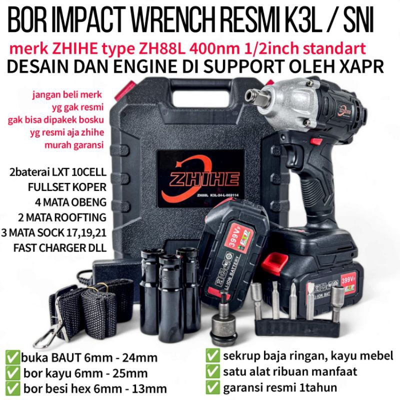 CANGGIH ZHIHE IMPACT WRENCH CORDLESS TOOL 399V 2 BATERAI MESIN PEMBUKA BAUT ZHIHE ZH88L